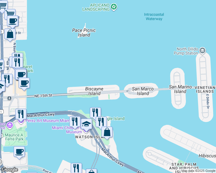 map of restaurants, bars, coffee shops, grocery stores, and more near 1055 North Venetian Drive in Miami Beach