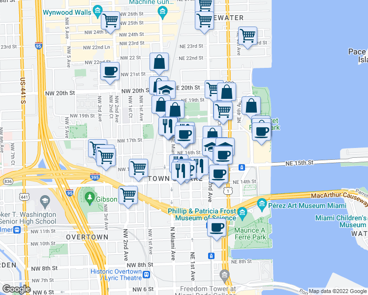 map of restaurants, bars, coffee shops, grocery stores, and more near 1621 Northeast Miami Place in Miami