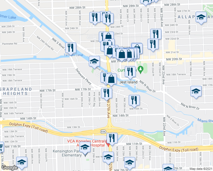 map of restaurants, bars, coffee shops, grocery stores, and more near Northwest 27th Avenue in Miami