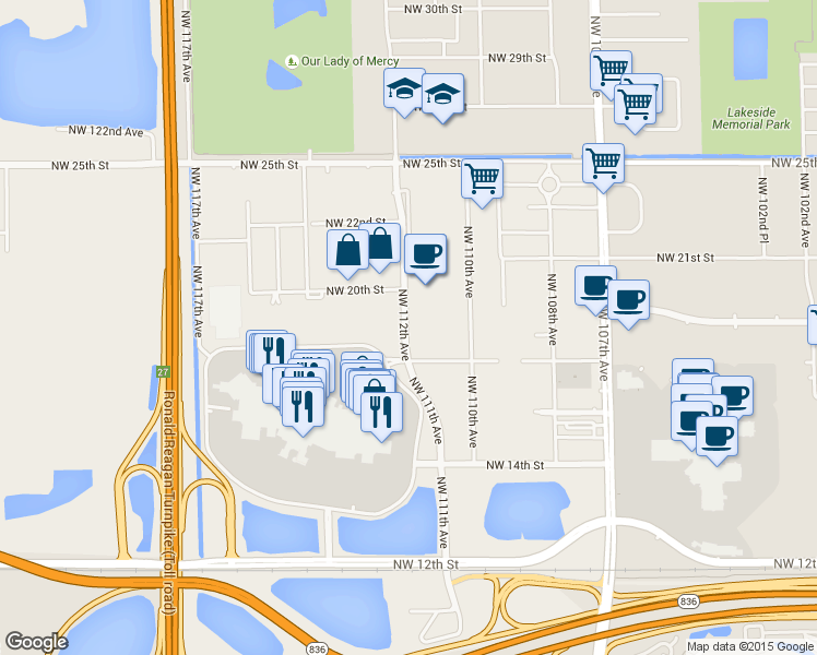 map of restaurants, bars, coffee shops, grocery stores, and more near 1835 Northwest 112th Avenue in Miami