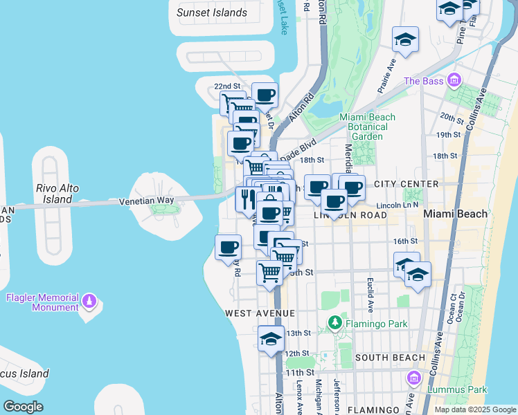 map of restaurants, bars, coffee shops, grocery stores, and more near 1665 West Avenue in Miami Beach
