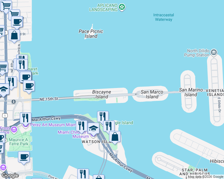 map of restaurants, bars, coffee shops, grocery stores, and more near 1055 North Venetian Drive in Miami Beach
