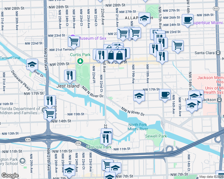 map of restaurants, bars, coffee shops, grocery stores, and more near 2153 Northwest 17th Street in Miami