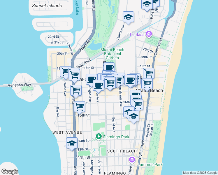 map of restaurants, bars, coffee shops, grocery stores, and more near 731 Lincoln Lane North in Miami Beach