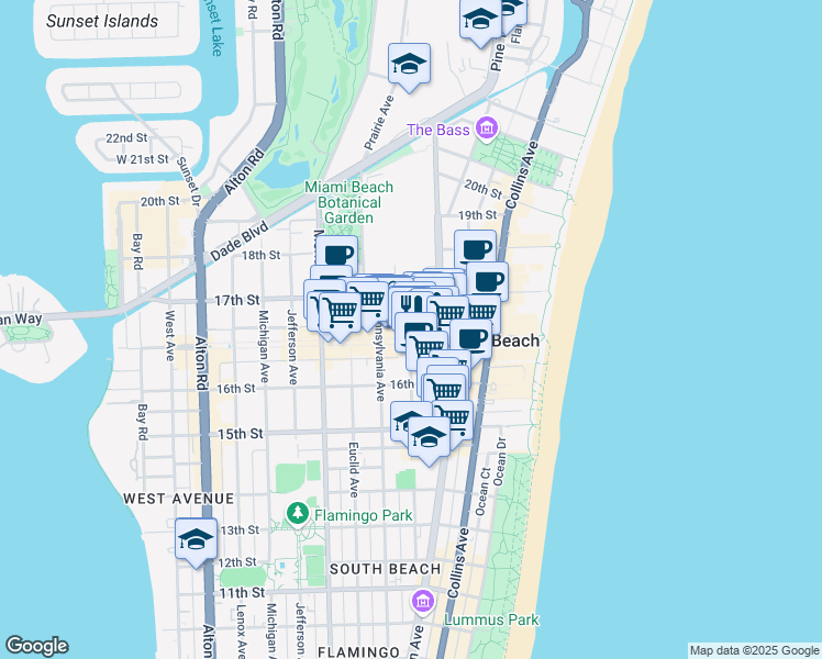 map of restaurants, bars, coffee shops, grocery stores, and more near 1657 Drexel Avenue in Miami Beach