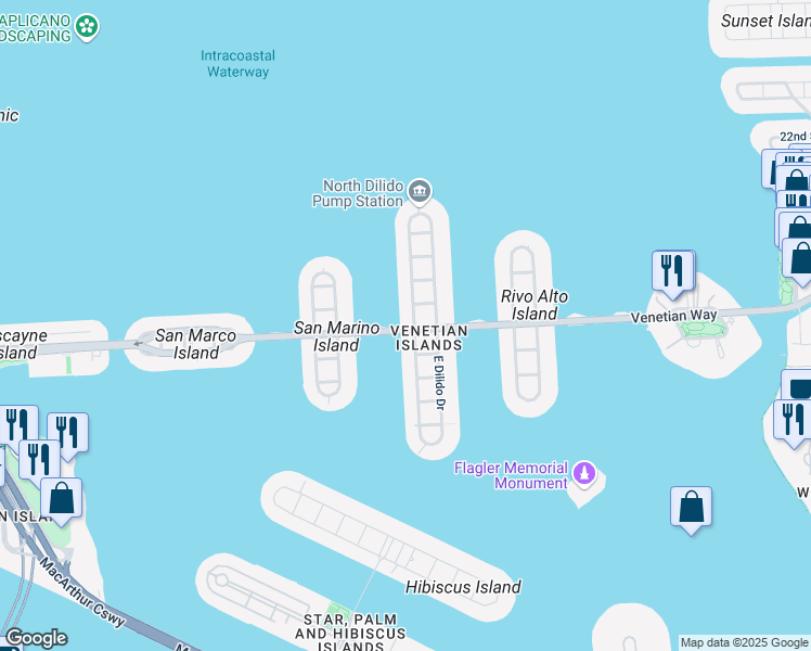 map of restaurants, bars, coffee shops, grocery stores, and more near 430 West Dilido Drive in Miami Beach
