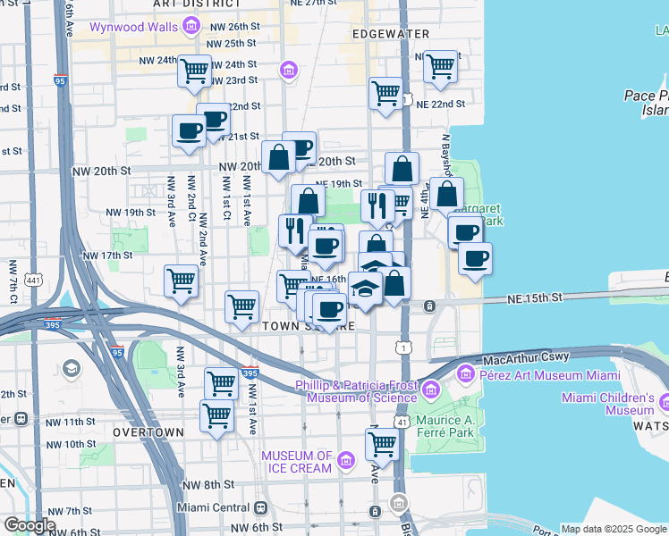 map of restaurants, bars, coffee shops, grocery stores, and more near 1615 Northeast Miami Place in Miami