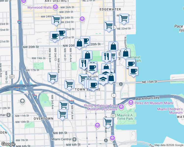 map of restaurants, bars, coffee shops, grocery stores, and more near 1615 Northeast Miami Place in Miami