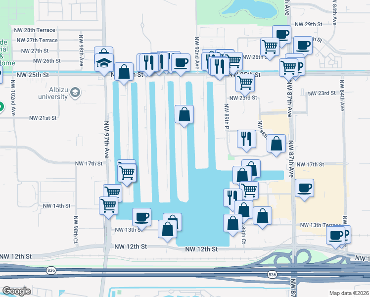 map of restaurants, bars, coffee shops, grocery stores, and more near 1801 Northwest 93rd Avenue in Doral