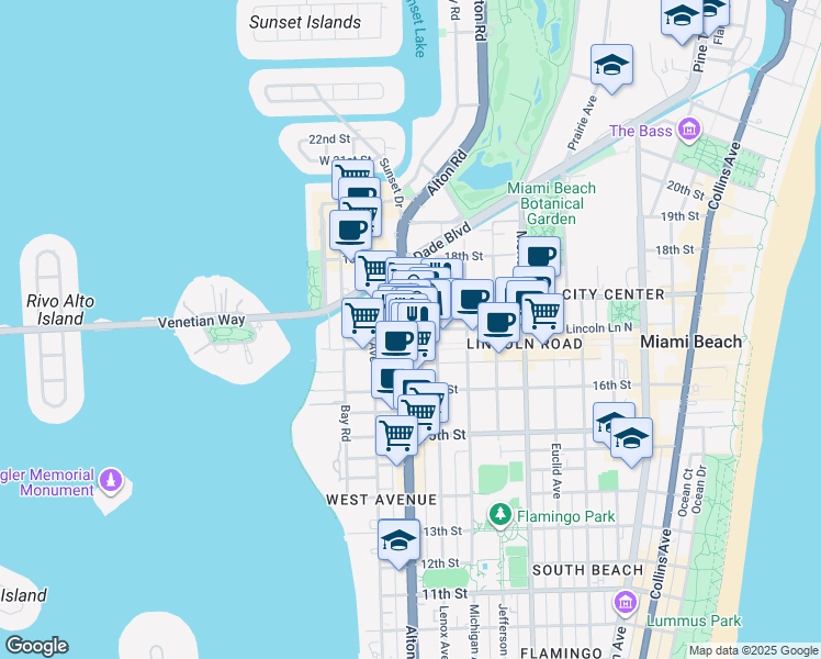 map of restaurants, bars, coffee shops, grocery stores, and more near 1111 Lincoln Road Mall in Miami Beach