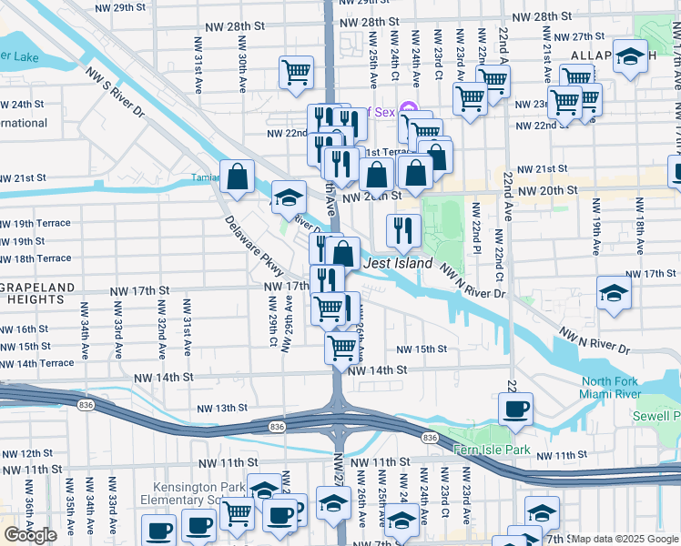 map of restaurants, bars, coffee shops, grocery stores, and more near Northwest 27th Avenue in Miami