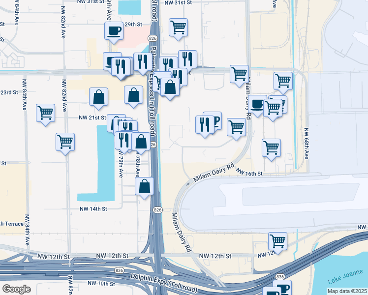 map of restaurants, bars, coffee shops, grocery stores, and more near 7642 Northwest 19th Street in Miami