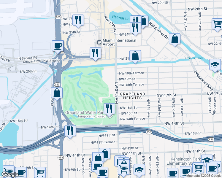 map of restaurants, bars, coffee shops, grocery stores, and more near 1802 Northwest 37th Avenue in Miami