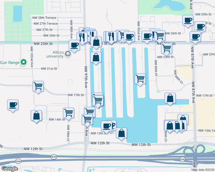 map of restaurants, bars, coffee shops, grocery stores, and more near 1840 Northwest 95th Avenue in Doral