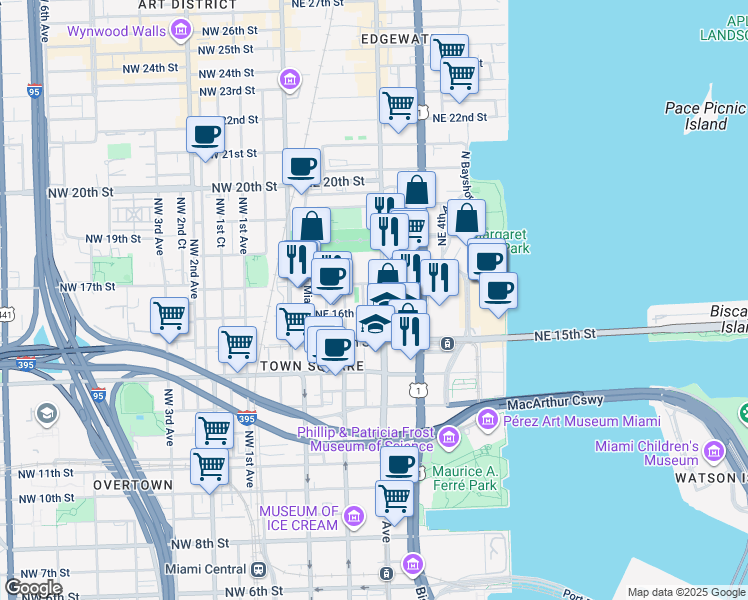 map of restaurants, bars, coffee shops, grocery stores, and more near 1622 Northeast 2nd Avenue in Miami