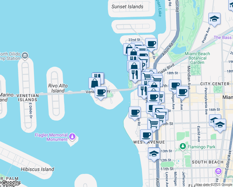 map of restaurants, bars, coffee shops, grocery stores, and more near 10 Venetian Way in Miami Beach