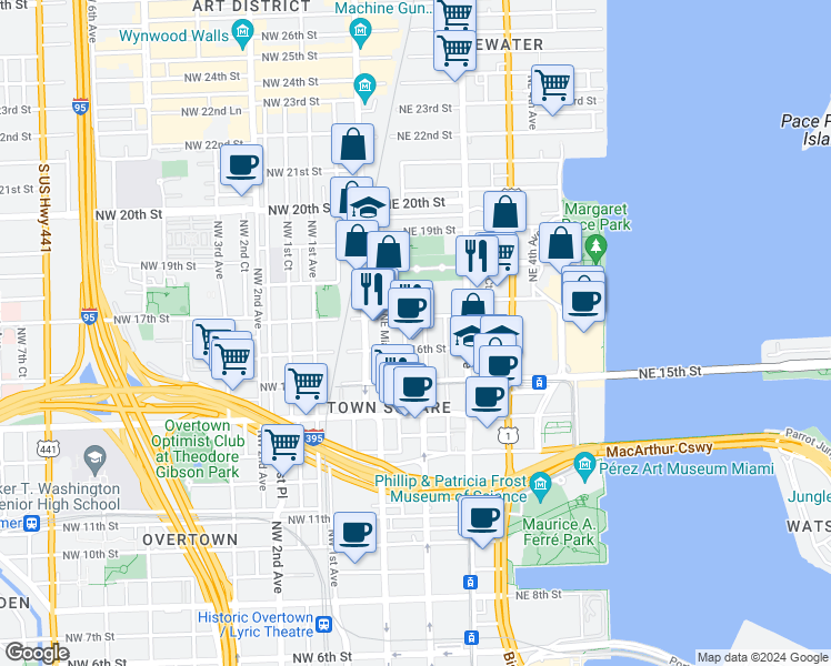 map of restaurants, bars, coffee shops, grocery stores, and more near 1615 Northeast Miami Place in Miami