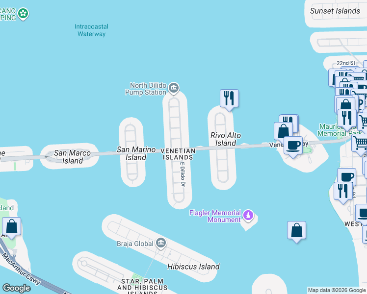map of restaurants, bars, coffee shops, grocery stores, and more near in Miami Beach