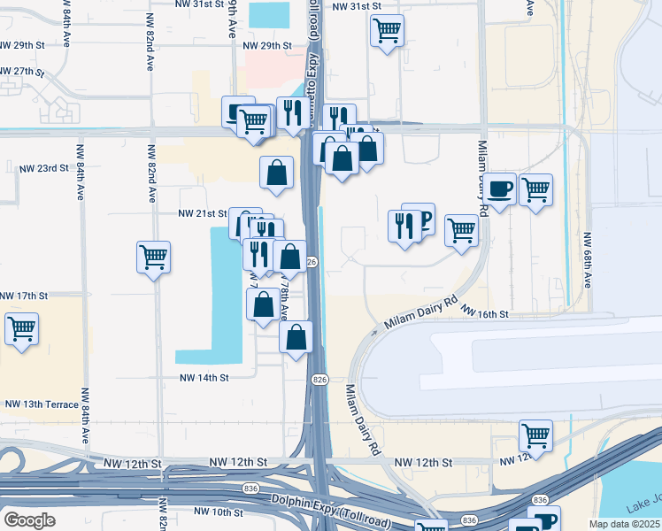 map of restaurants, bars, coffee shops, grocery stores, and more near 7650 Northwest 19th Street in Miami