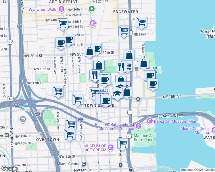 map of restaurants, bars, coffee shops, grocery stores, and more near 1615 Northeast Miami Place in Miami