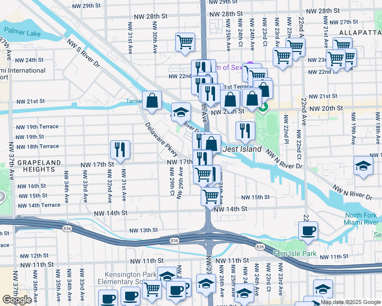 map of restaurants, bars, coffee shops, grocery stores, and more near 2765 Northwest 17th Terrace in Miami