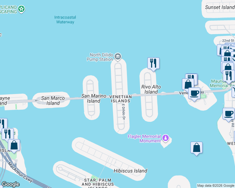 map of restaurants, bars, coffee shops, grocery stores, and more near 435 West Dilido Drive in Miami Beach