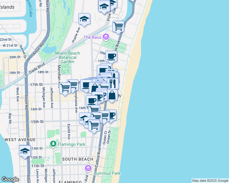 map of restaurants, bars, coffee shops, grocery stores, and more near 41 Lincoln Road in Miami Beach
