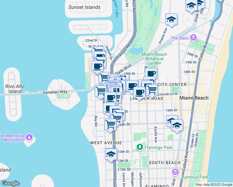 map of restaurants, bars, coffee shops, grocery stores, and more near 1111 Lincoln Road Mall in Miami Beach