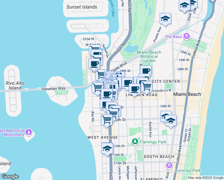 map of restaurants, bars, coffee shops, grocery stores, and more near 1111 Lincoln Road Mall in Miami Beach