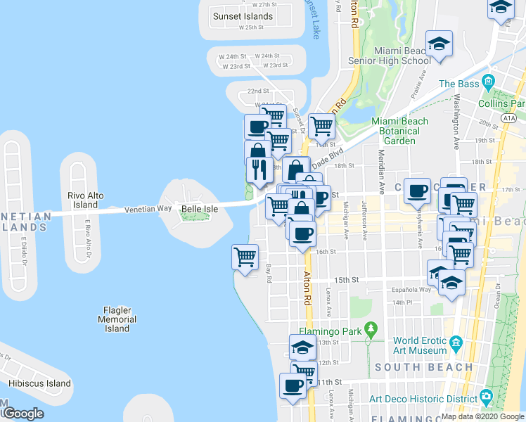 map of restaurants, bars, coffee shops, grocery stores, and more near 1665 Bay Road in Miami Beach