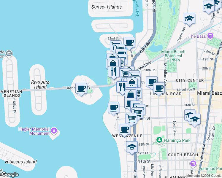 map of restaurants, bars, coffee shops, grocery stores, and more near 1662 Lincoln Court in Miami Beach