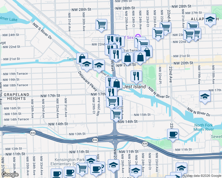 map of restaurants, bars, coffee shops, grocery stores, and more near Northwest 27th Avenue in Miami