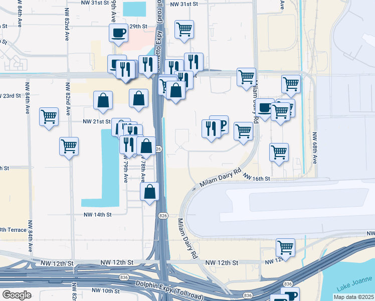 map of restaurants, bars, coffee shops, grocery stores, and more near 7650 Northwest 19th Street in Miami