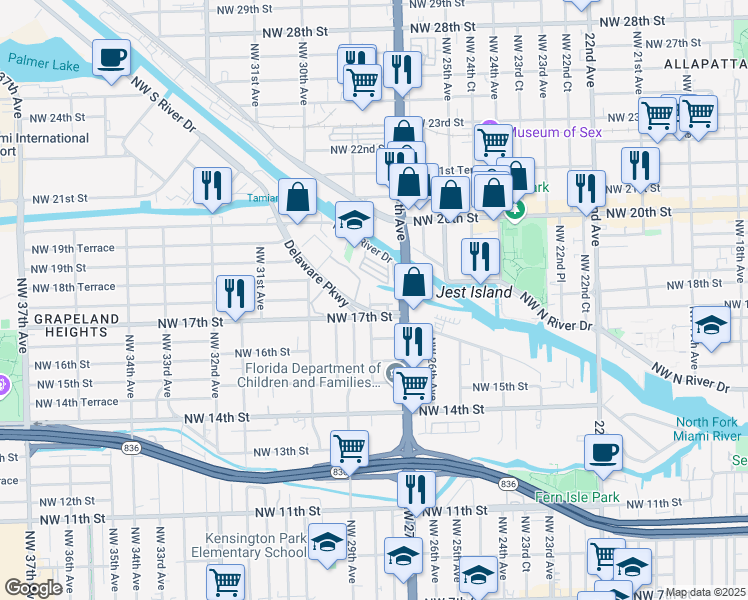 map of restaurants, bars, coffee shops, grocery stores, and more near 2765 Northwest 17th Terrace in Miami