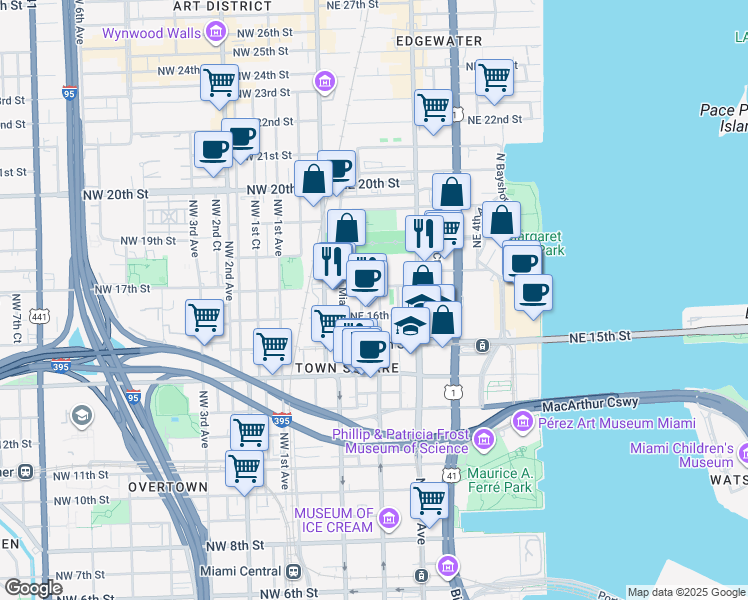 map of restaurants, bars, coffee shops, grocery stores, and more near 1630 Northeast 1st Avenue in Miami