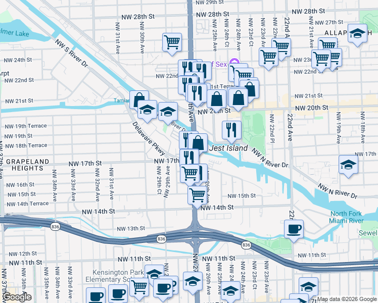 map of restaurants, bars, coffee shops, grocery stores, and more near Northwest 27th Avenue in Miami