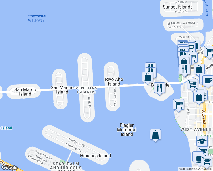 map of restaurants, bars, coffee shops, grocery stores, and more near 230 West Rivo Alto Drive in Miami Beach
