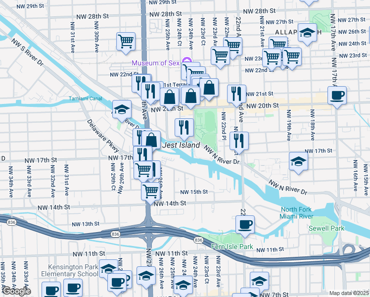 map of restaurants, bars, coffee shops, grocery stores, and more near 1800 Northwest 24th Avenue in Miami