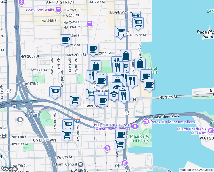 map of restaurants, bars, coffee shops, grocery stores, and more near 1622 Northeast 2nd Avenue in Miami
