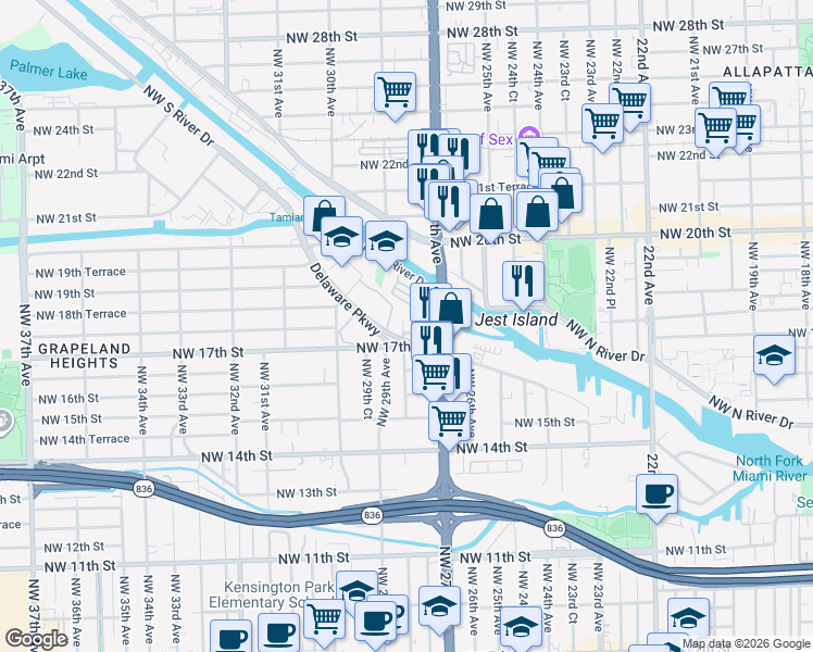 map of restaurants, bars, coffee shops, grocery stores, and more near 2765 Northwest 17th Terrace in Miami