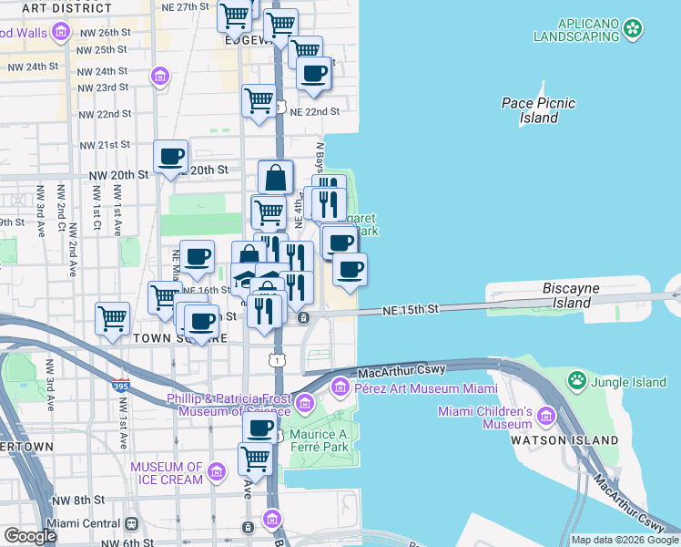 map of restaurants, bars, coffee shops, grocery stores, and more near 1717 North Bayshore Drive in Miami
