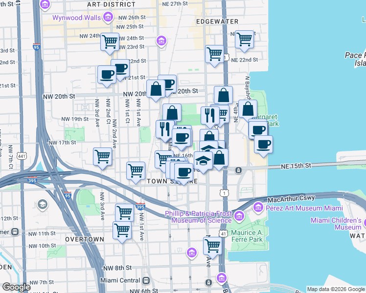 map of restaurants, bars, coffee shops, grocery stores, and more near 1615 Northeast Miami Place in Miami