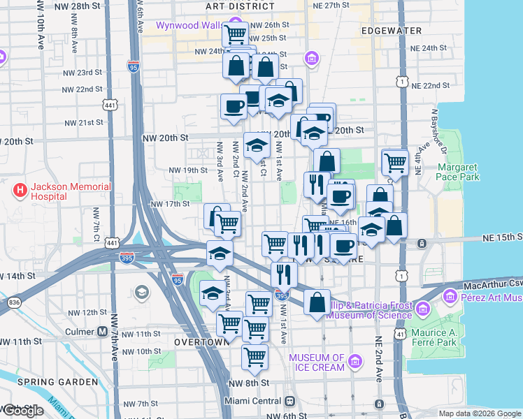 map of restaurants, bars, coffee shops, grocery stores, and more near 1635 Northwest 1st Court in Miami
