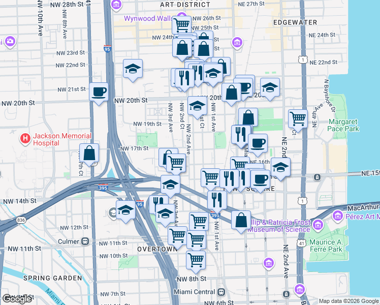 map of restaurants, bars, coffee shops, grocery stores, and more near 207 Northwest 16th Street in Miami