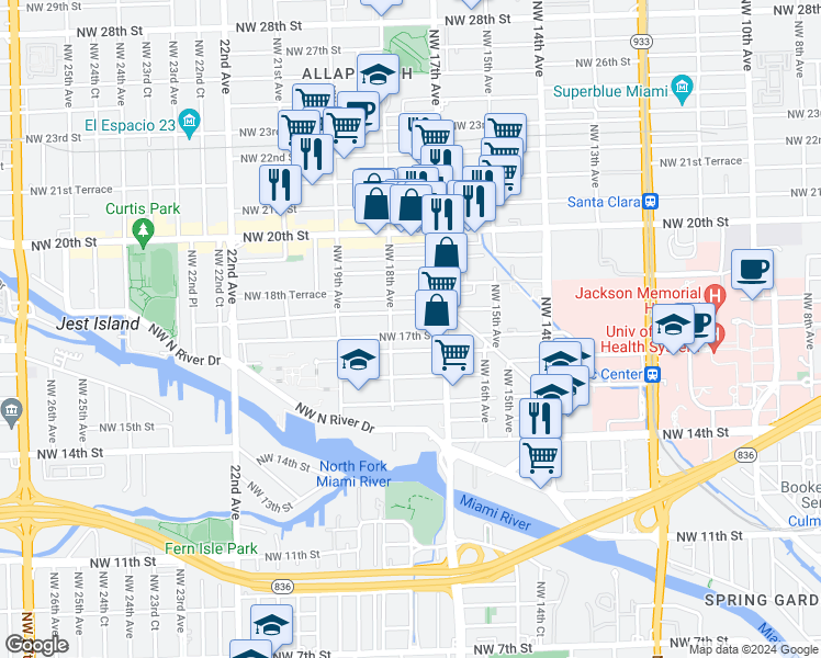 map of restaurants, bars, coffee shops, grocery stores, and more near 1749 Northwest 17th Street in Miami