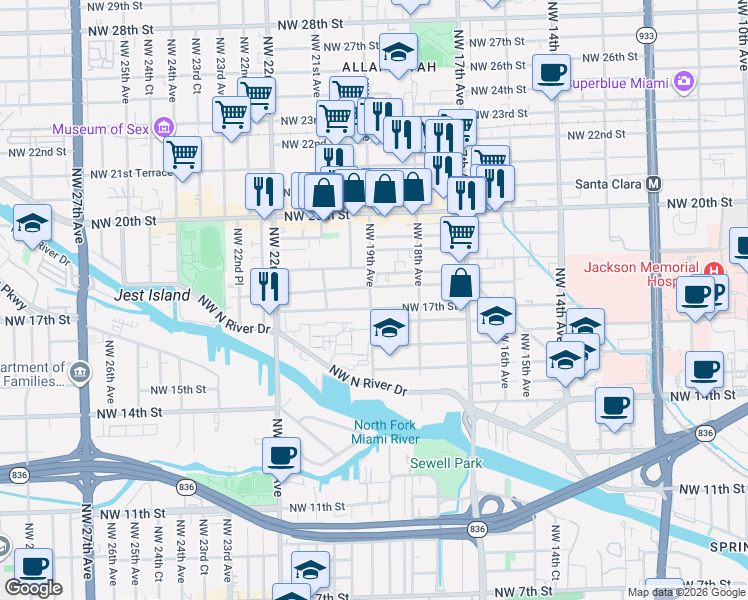 map of restaurants, bars, coffee shops, grocery stores, and more near 1902 Northwest 17th Street in Miami