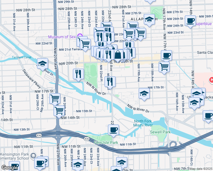 map of restaurants, bars, coffee shops, grocery stores, and more near 1696 Northwest 22nd Court in Miami