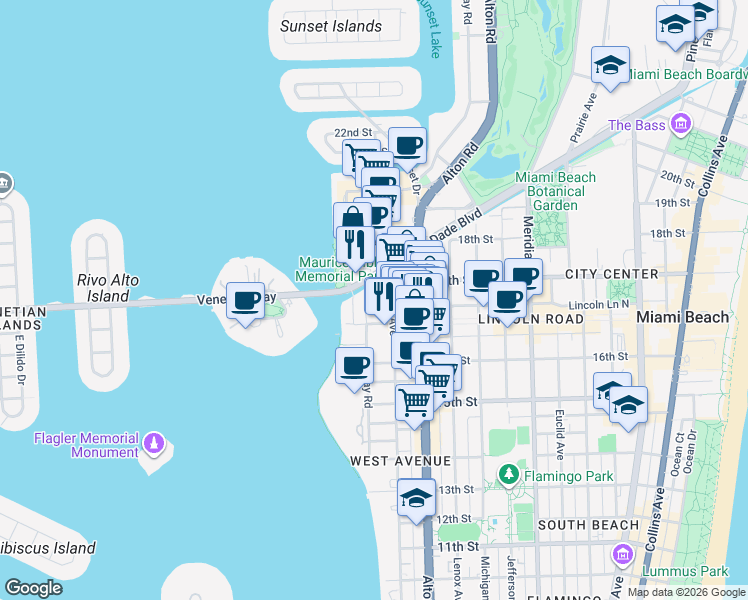 map of restaurants, bars, coffee shops, grocery stores, and more near 1665 Bay Road in Miami Beach