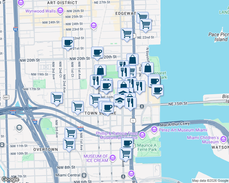 map of restaurants, bars, coffee shops, grocery stores, and more near 1622 Northeast 2nd Avenue in Miami