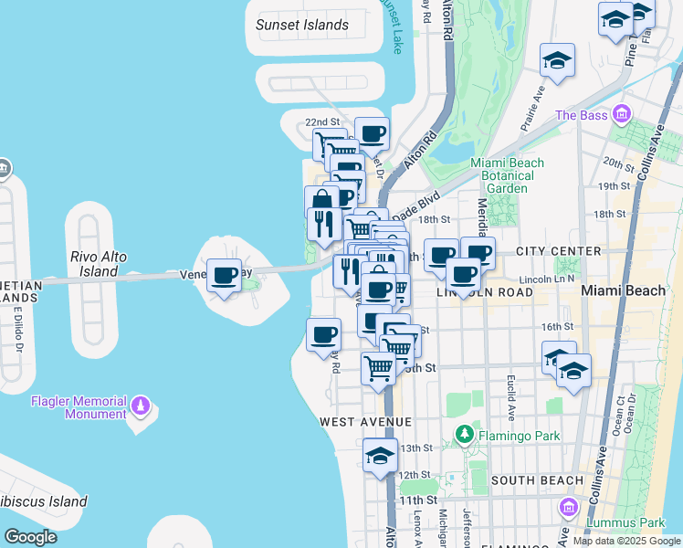 map of restaurants, bars, coffee shops, grocery stores, and more near 1665 Bay Road in Miami Beach
